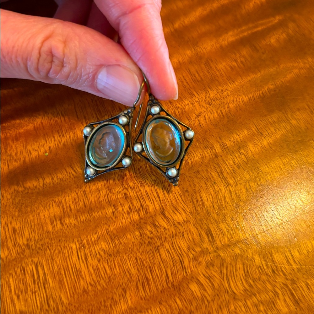 Blue Cameo Glass and Pearl Earrings